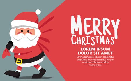 Cartoon Santa Claus pulling a huge bag of Christmas gifts, illustration and  Banner background with copy spaceのイラスト素材