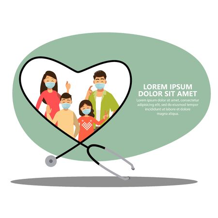 Group of family wearing medical masks to prevent disease, flu, , air pollution, contaminated air, protective Medical mask for prevent virus. Vector illustration cartoon character.のイラスト素材