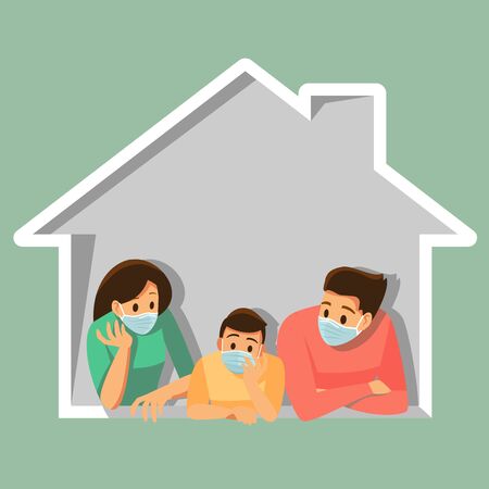 Group of family wearing medical masks to prevent disease, flu, , air pollution, contaminated air, protective Medical mask for prevent virus. Vector illustration cartoon character.のイラスト素材