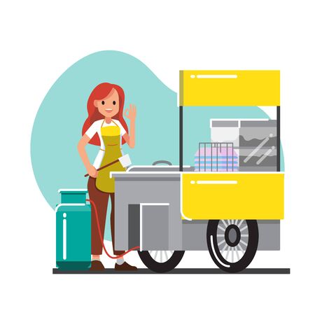 female cook and Trolley noodle  cafe and shop counter with street food fast food ,vector cartoon characterのイラスト素材