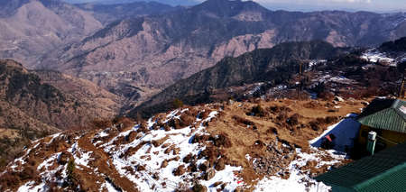 Mountains and little snow which have melt due to heat of sun.