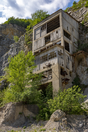 Old medieval fortress Golubac other side abandoned bulding from old mine, Serbiaの写真素材