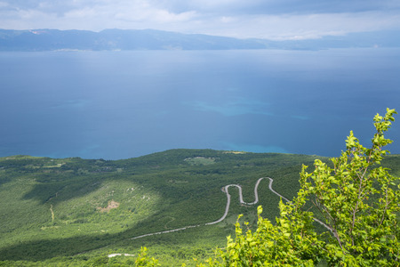 Lake Ohrid landscapes and Boat washed on beach in Macedoniaの写真素材