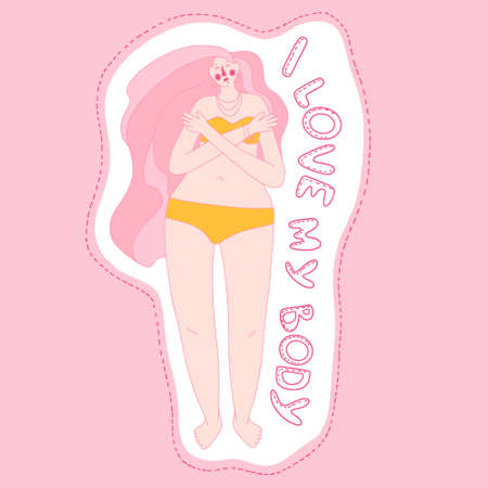 Feminism positive vertical cards with love for self figure, woman freedom, your body concept. Woman freedom, girl power, isolated vector illustration.のイラスト素材