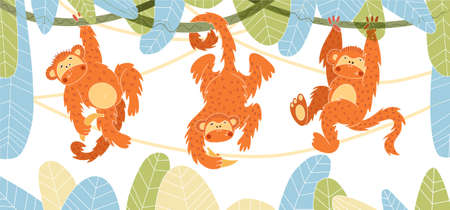 Vector graphic with monkey in different poses on jungle background. Macaques under the trees.のイラスト素材