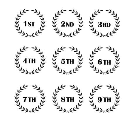 Collection of different black silhouette circular laurel foliate, wheat and oak wreaths depicting an award, achievement, heraldry, nobility. Vector illustration.のイラスト素材