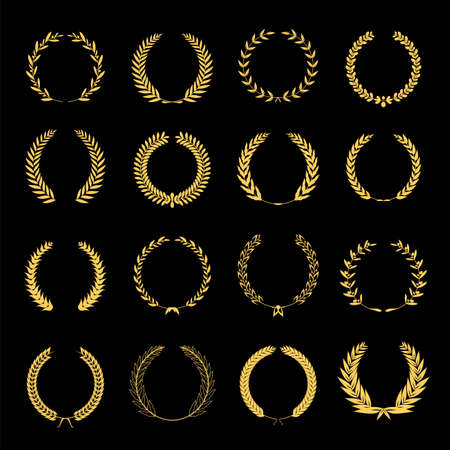 Collection of different golden silhouette circular laurel foliate, wheat and oak wreaths depicting an award, achievement, heraldry, nobility. Vector illustration.のイラスト素材