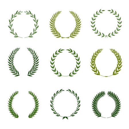 Collection of different green silhouette circular laurel foliate, wheat and oak wreaths depicting an award, achievement, heraldry, nobility. Vector illustration.のイラスト素材
