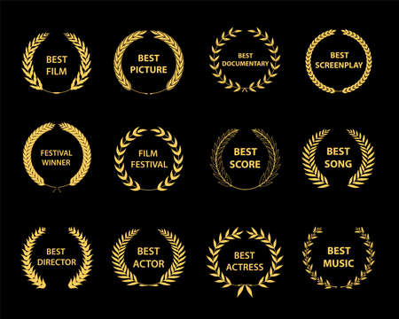 Film Awards. Gold award wreaths on black background. Vector illustration.のイラスト素材