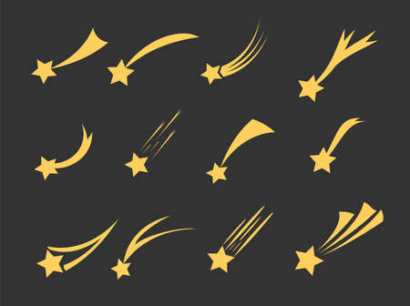 Shooting stars icons. Vector falling star silhouettes or comets isolated on black background. Golden star with tail illustration.のイラスト素材