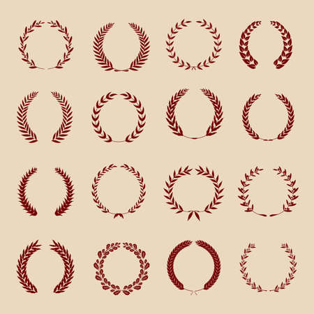 Collection of different red vintage silhouette circular laurel foliage, wheat and oak wreaths depicting an award, achievement, heraldry, nobility. Vector illustration.のイラスト素材