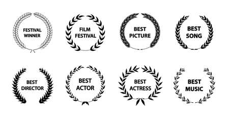 Collection of different golden silhouette circular laurel foliate, wheat and oak wreaths depicting an award. Vector illustration.のイラスト素材