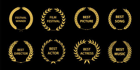 Film Awards. Gold award wreaths on black background. Vector illustration.のイラスト素材