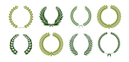 Collection of different golden silhouette circular laurel foliate, wheat and oak wreaths depicting an award, achievement, heraldry, nobility. Vector illustration.のイラスト素材