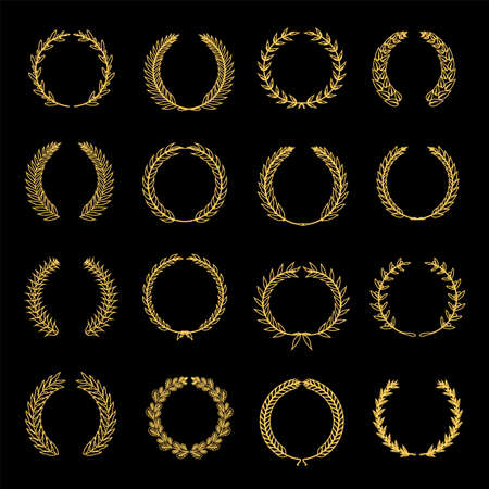 Collection of different golden silhouette circular laurel foliage, wheat and oak wreaths depicting an award, achievement, heraldry, nobility. Vector illustration.のイラスト素材