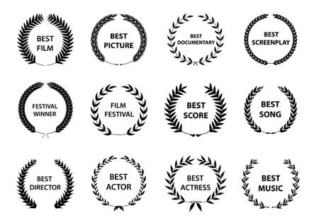 Collection of different golden silhouette circular laurel foliate, wheat and oak wreaths depicting an award, achievement, heraldry, nobility. Vector illustration.のイラスト素材