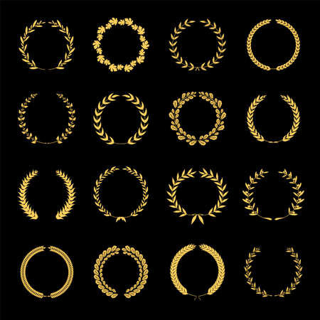 Collection of different golden silhouette circular laurel foliate, wheat and oak wreaths depicting an award, achievement, heraldry, nobility. Vector illustration.のイラスト素材