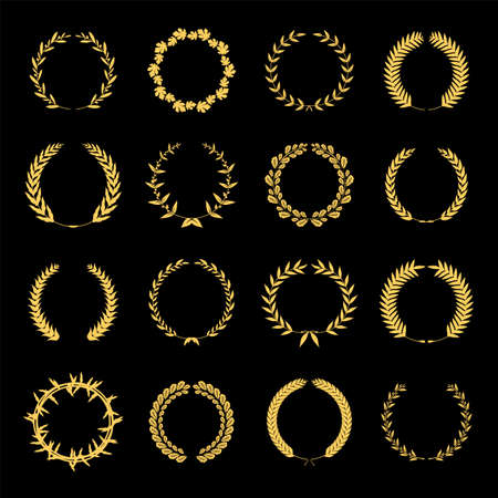 Collection of different golden silhouette circular laurel foliate, wheat and oak wreaths depicting an award, achievement, heraldry, nobility. Vector illustration.のイラスト素材