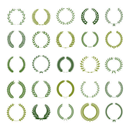 Collection of different green silhouette circular laurel foliage, wheat and oak wreaths depicting an award, achievement, heraldry, nobility. Vector illustration.のイラスト素材