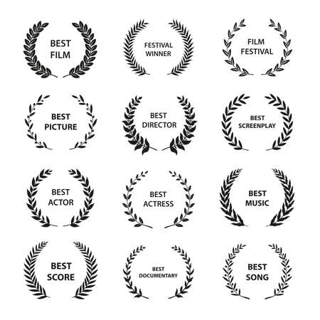 Golden vector laurel wreaths on black background. Set of foliate award wreath for cinema festival.Vector illustration.のイラスト素材