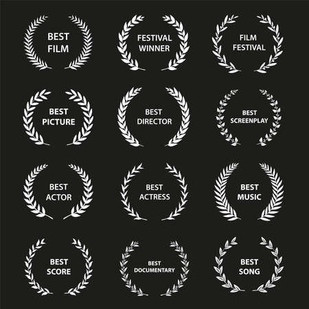 Golden vector laurel wreaths on black background. Set of foliate award wreath for cinema festival.Vector illustration.のイラスト素材