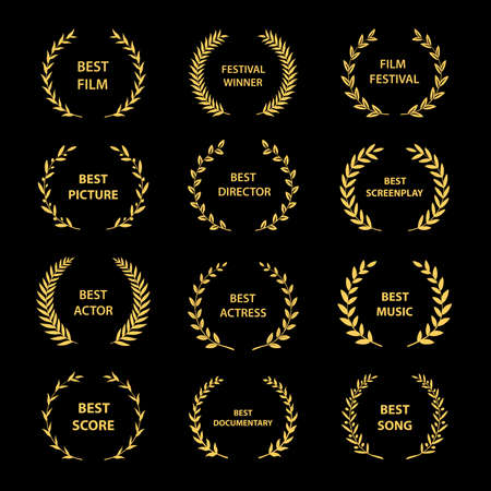 Golden vector laurel wreaths on black background. Set of foliate award wreath for cinema festival.Vector illustration.のイラスト素材