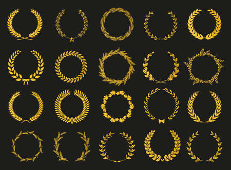 Golden vector laurel wreaths on black background. Set of foliate award wreath for cinema festival.Vector illustration.のイラスト素材