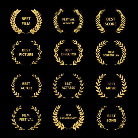 Golden vector laurel wreaths on black background. Set of foliate award wreath for cinema festival.Vector illustration.のイラスト素材