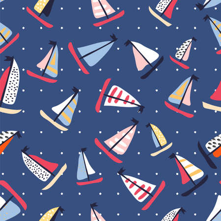 Seamless vector pattern with hand drawn sailing yachts with whales and fish. Summer bright background for fabric design.のイラスト素材