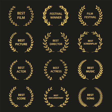 Golden vector laurel wreaths on black background. Set of foliate award wreath for cinema festival.Vector illustration.のイラスト素材