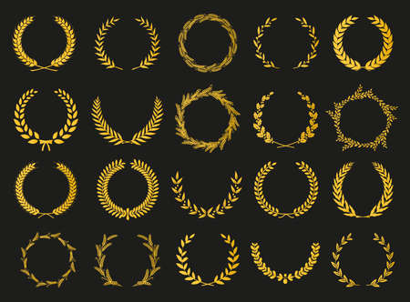 Golden vector laurel wreaths on black background. Set of foliate award wreath for cinema festival.Vector illustration.のイラスト素材