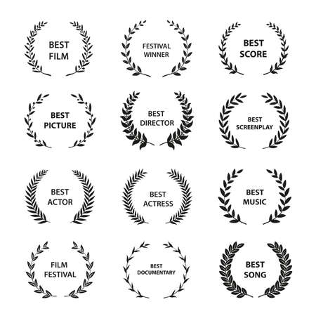 Golden vector laurel wreaths on black background. Set of foliate award wreath for cinema festival.Vector illustration.のイラスト素材