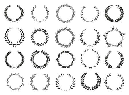 Golden vector laurel wreaths on black background. Set of foliate award wreath for cinema festival.Vector illustration.のイラスト素材
