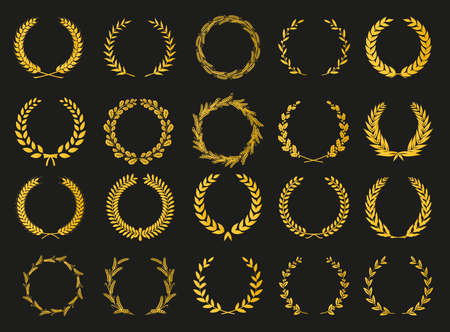 Golden vector laurel wreaths on black background. Set of foliate award wreath for cinema festival.Vector illustration.のイラスト素材