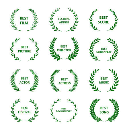 Golden vector laurel wreaths on black background. Set of foliate award wreath for cinema festival.Vector illustration.のイラスト素材