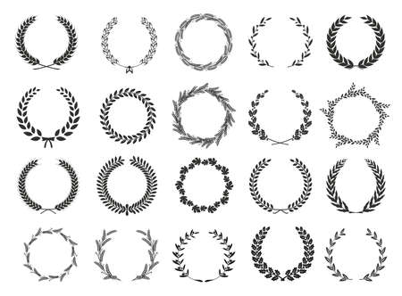 Golden vector laurel wreaths on black background. Set of foliate award wreath for cinema festival.Vector illustration.のイラスト素材