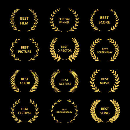Golden vector laurel wreaths on black background. Set of foliate award wreath for cinema festival.Vector illustration.のイラスト素材