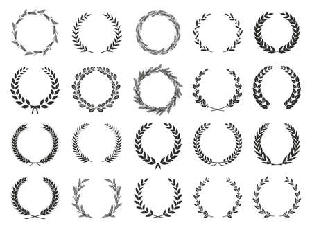 Golden vector laurel wreaths on black background. Set of foliate award wreath for cinema festival.Vector illustration.のイラスト素材