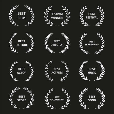 Golden vector laurel wreaths on black background. Set of foliate award wreath for cinema festival.Vector illustration.のイラスト素材