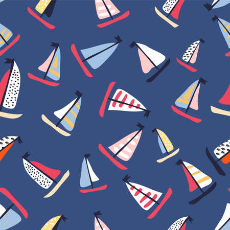 Seamless vector pattern with hand drawn sailing yachts with whales and fish. Summer bright background for fabric design.のイラスト素材