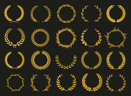 Golden vector laurel wreaths on black background. Set of foliate award wreath for cinema festival.Vector illustration.のイラスト素材