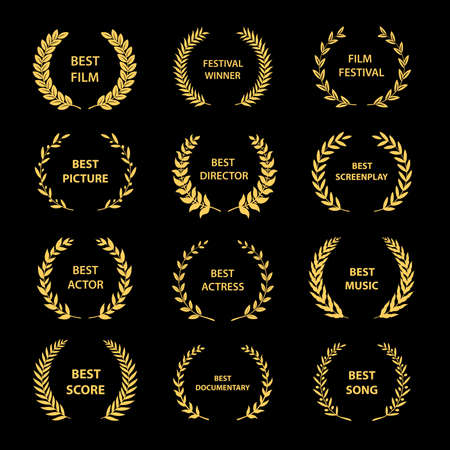 Golden vector laurel wreaths on black background. Set of foliate award wreath for cinema festival.Vector illustration.のイラスト素材