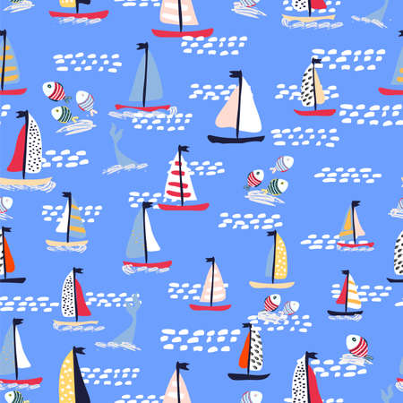 Seamless vector pattern with hand drawn sailing yachts with whales and fish. Summer bright background for fabric design.のイラスト素材