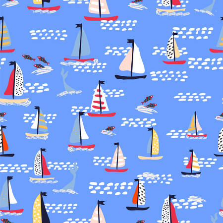 Seamless vector pattern with hand drawn sailing yachts with whales and fish. Summer bright background for fabric design.のイラスト素材