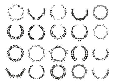 Golden vector laurel wreaths on black background. Set of foliate award wreath for cinema festival.Vector illustration.のイラスト素材