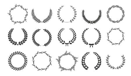 Golden vector laurel wreaths on black background. Set of foliate award wreath for cinema festival.Vector illustration.のイラスト素材