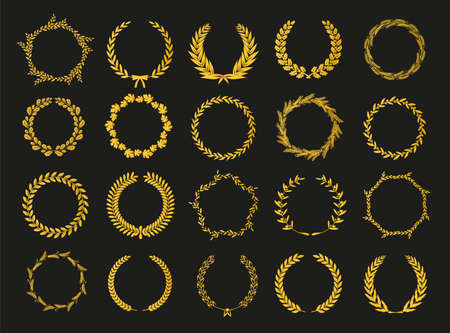 Golden vector laurel wreaths on black background. Set of foliate award wreath for cinema festival.Vector illustration.のイラスト素材