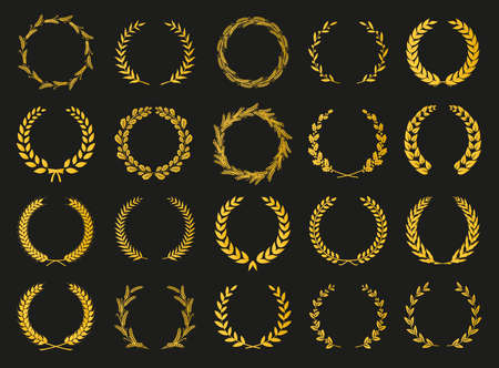Golden vector laurel wreaths on black background. Set of foliate award wreath for cinema festival.Vector illustration.のイラスト素材
