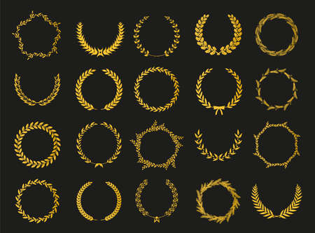 Golden vector laurel wreaths on black background. Set of foliate award wreath for cinema festival.Vector illustration.のイラスト素材