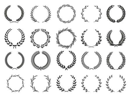 Golden vector laurel wreaths on black background. Set of foliate award wreath for cinema festival.Vector illustration.のイラスト素材
